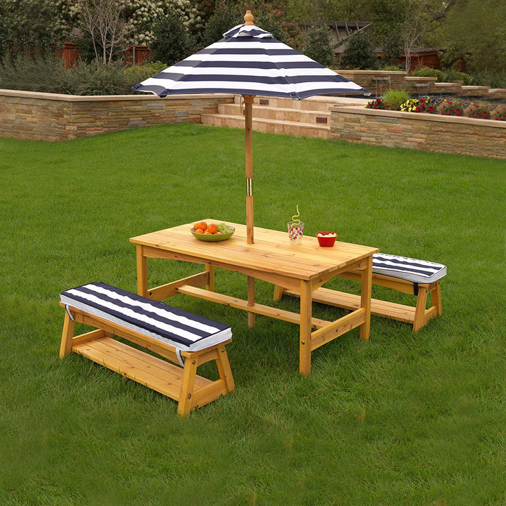 Table & Bench Set with Cushions & Umbrella