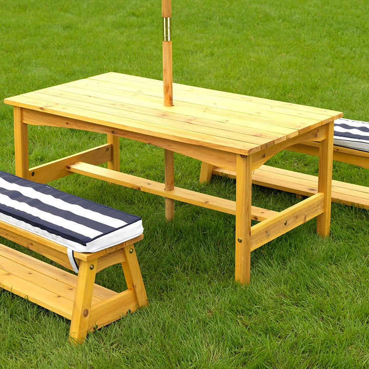 Table & Bench Set with Cushions & Umbrella